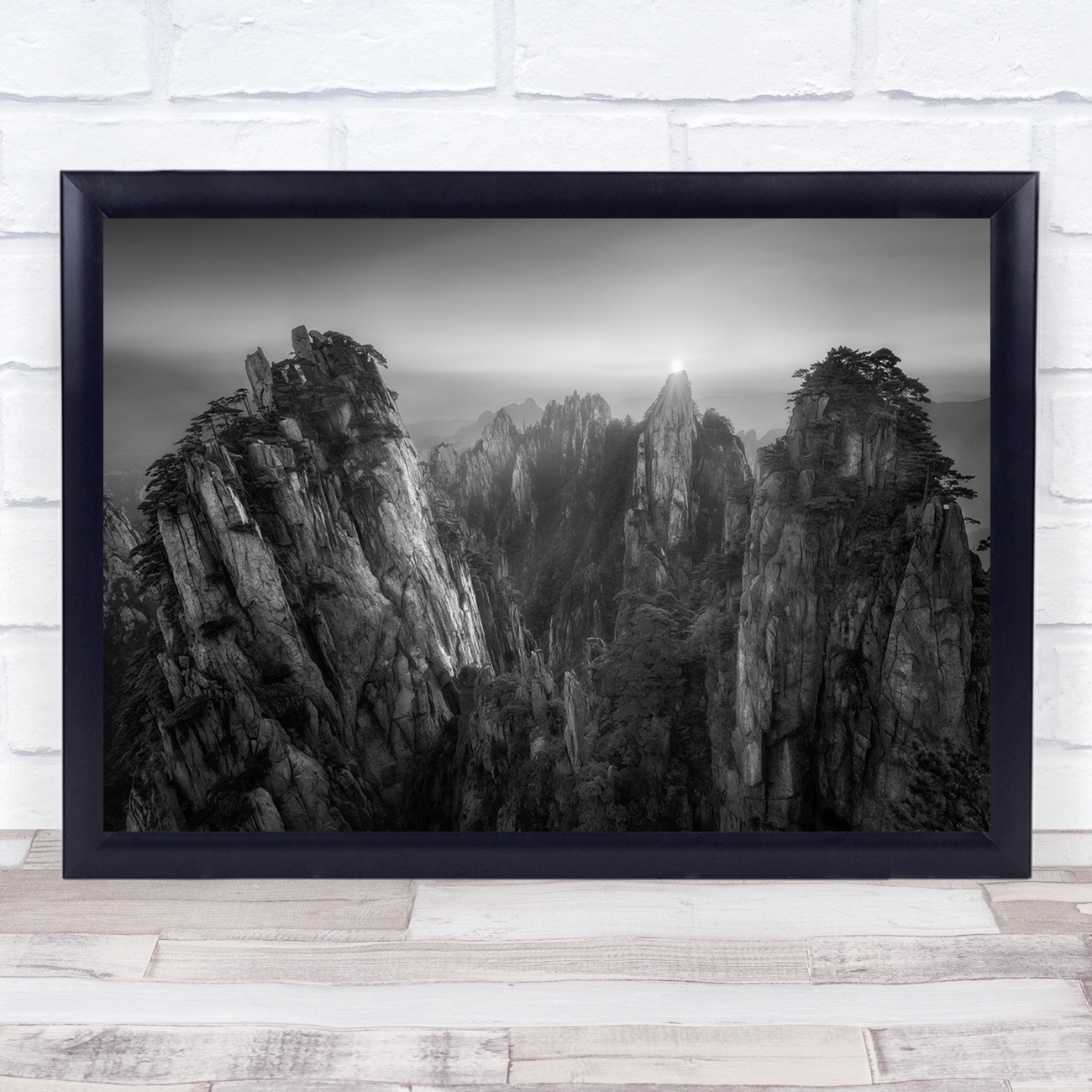 Mountain Huangshan Rock Sunrise Asia China Black & White Yellow Pine Tree Print