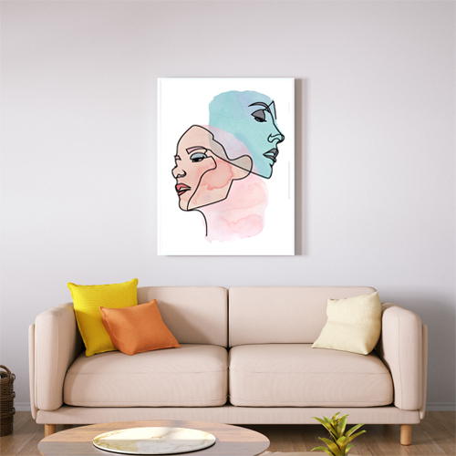 Abstract Watercolour Line Art Two Faces Pink Blue Decorative Wall Art Print | Abstract Wall Art 